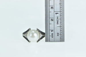 14K Pearl Black & White Diamond Statement Fashion Ring White Gold