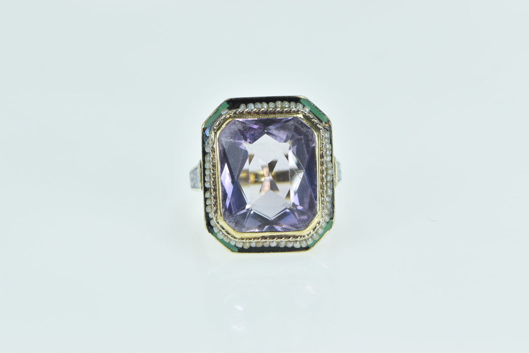 14K Victorian Amethyst Seed Pearl Enamel Statement Ring Yellow Gold