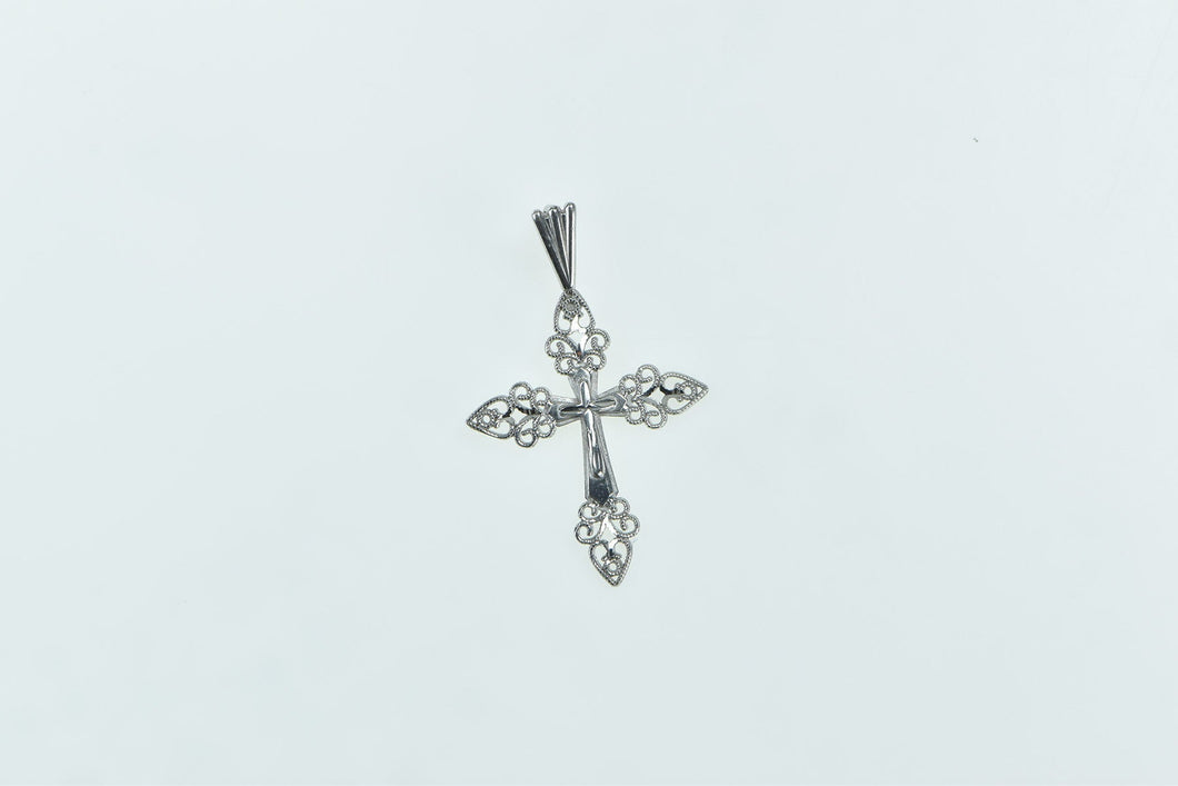 14K 3D Filigree Cross Christian Faith Symbol Charm/Pendant White Gold