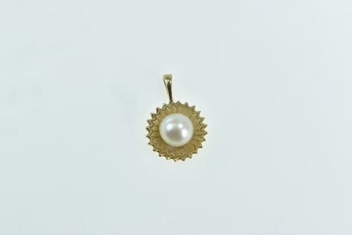 14K Vintage Flower Sun 7.7mm Pearl Fashion Pendant Yellow Gold