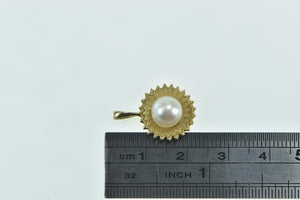 14K Vintage Flower Sun 7.7mm Pearl Fashion Pendant Yellow Gold