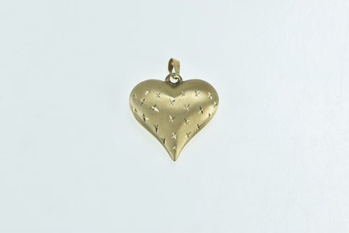 14K Puffy Heart X Pattern Love Symbol Checkered Pendant Yellow Gold