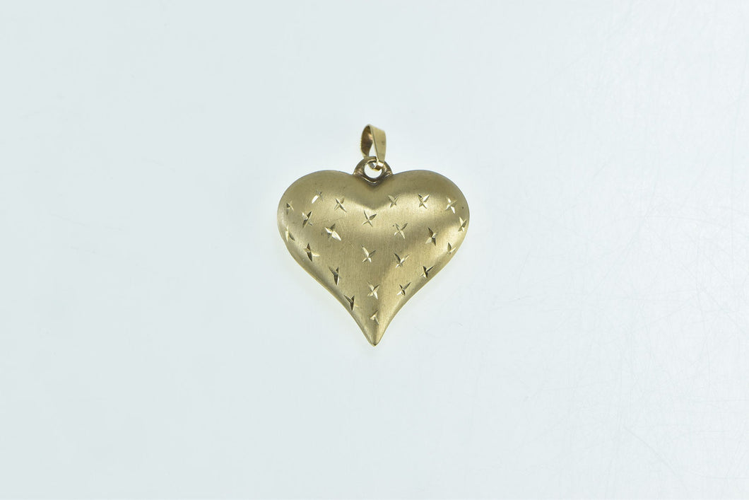 14K Puffy Heart X Pattern Love Symbol Checkered Pendant Yellow Gold