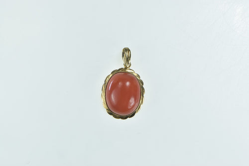 14K Vintage Coral Cabochon Scalloped Trim Pendant Yellow Gold