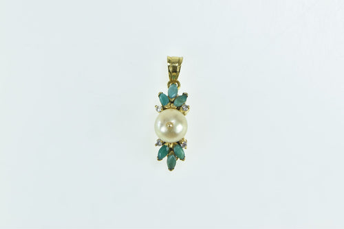 14K Pearl Turquoise Diamond Vintage Statement Pendant Yellow Gold