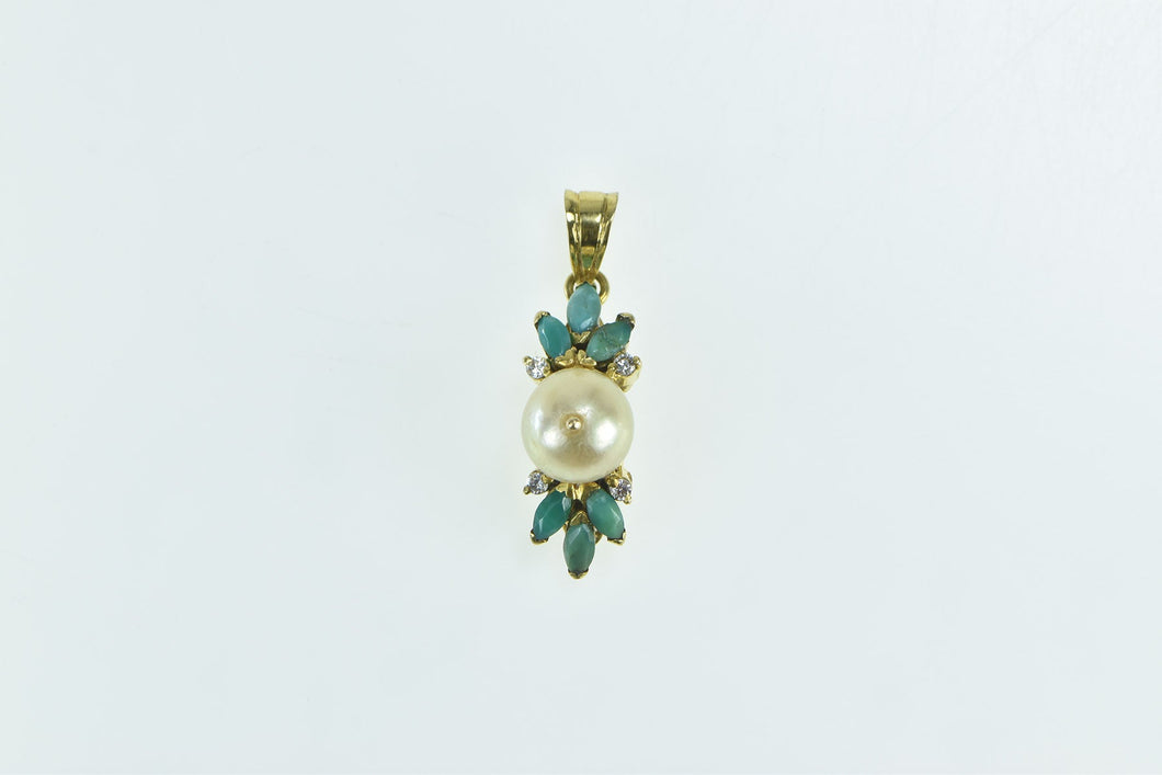 14K Pearl Turquoise Diamond Vintage Statement Pendant Yellow Gold