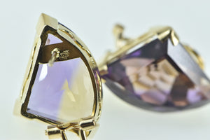 14K Trillion Ametrine Ornate French Clip Statement Earrings Yellow Gold