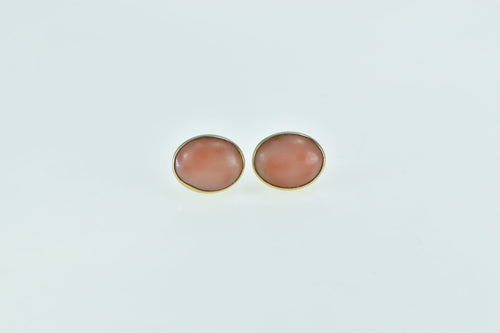 14K Oval Coral Cabochon Vintage Bezel Stud Earrings Yellow Gold