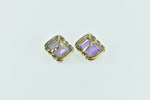 Load image into Gallery viewer, 14K Emerald Cut Amethyst Vintage Solitaire Stud Earrings Yellow Gold