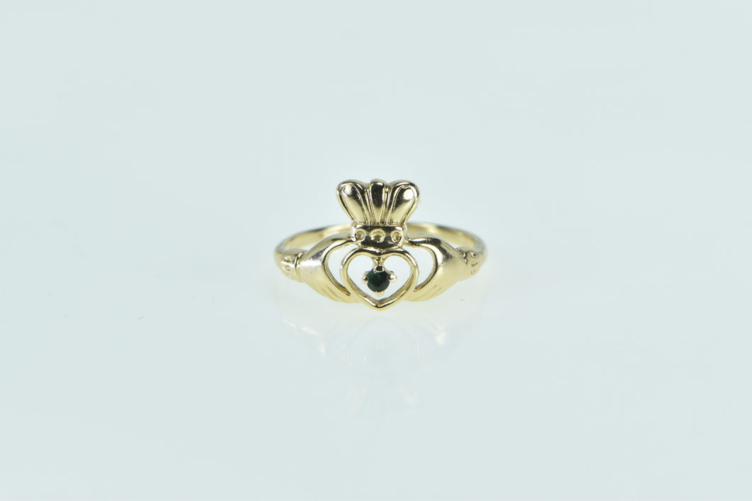 14K Emerald Claddagh Celtic Traditional Loyalty Ring Yellow Gold