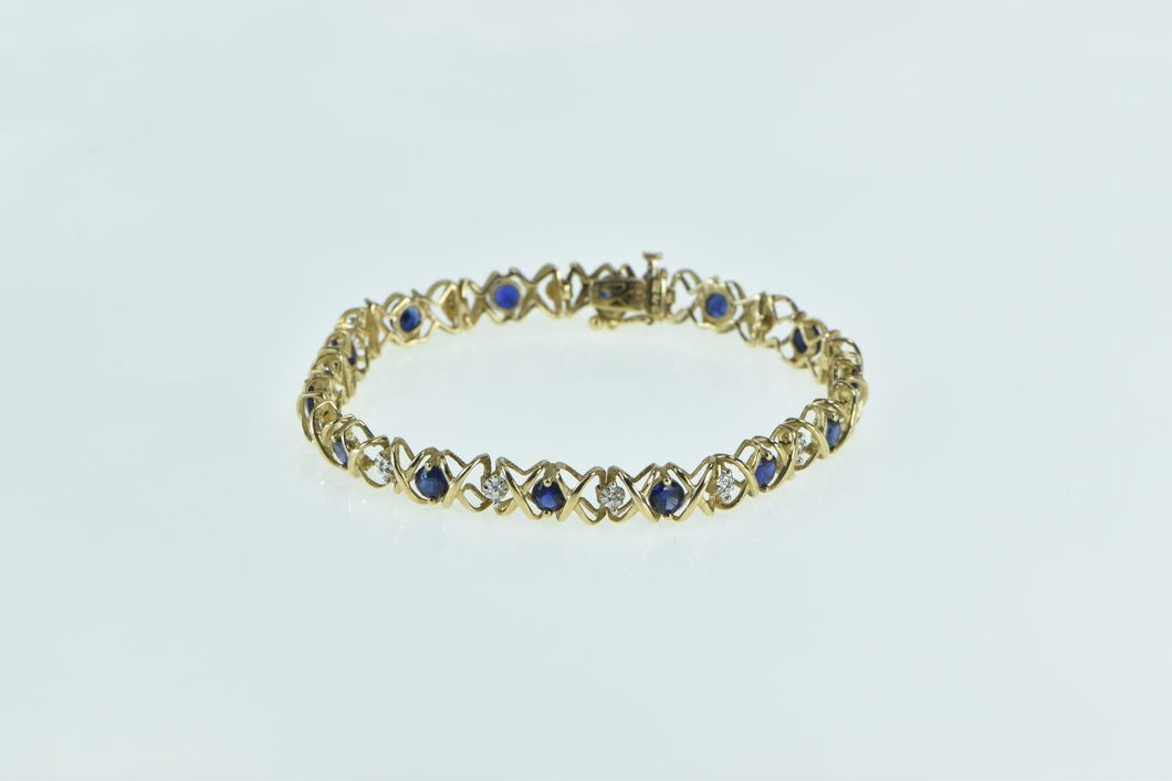10K Vintage Syn. Sapphire Diamond X Link Tennis Bracelet 7