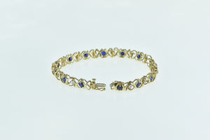10K Vintage Syn. Sapphire Diamond X Link Tennis Bracelet 7" Yellow Gold