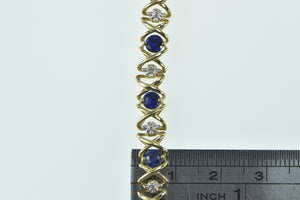 10K Vintage Syn. Sapphire Diamond X Link Tennis Bracelet 7" Yellow Gold