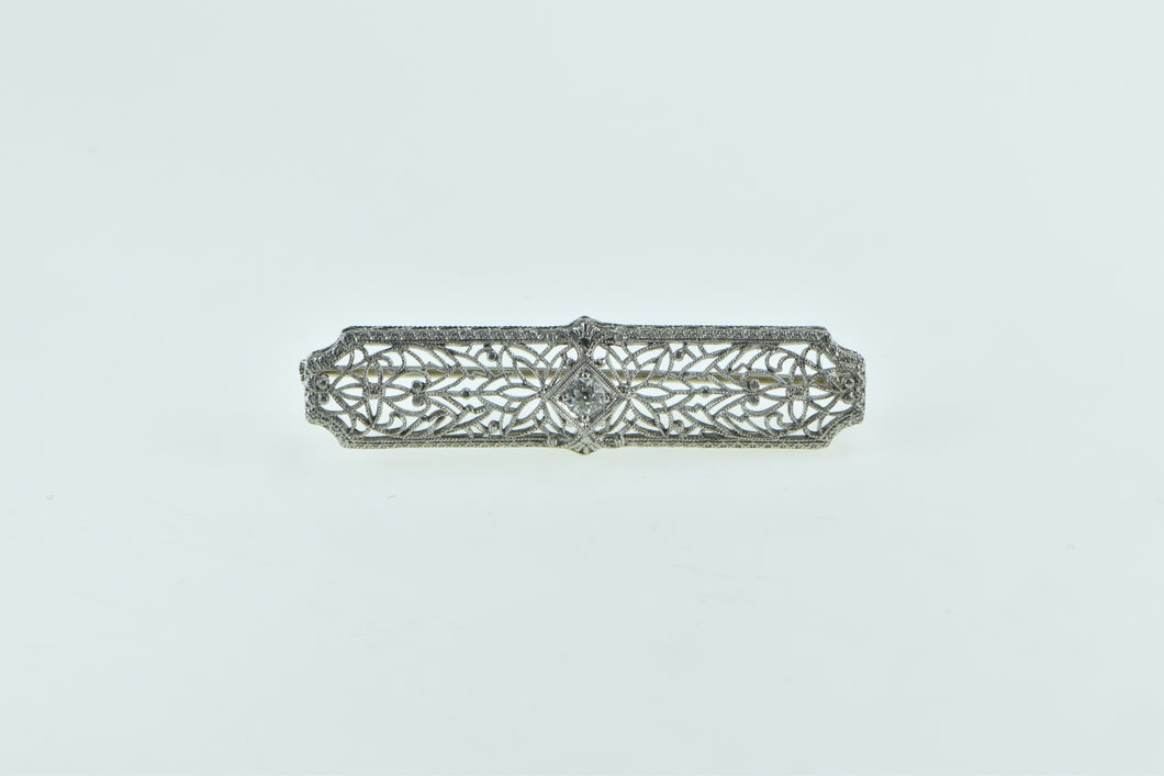 14K Art Deco Ornate Filigree Diamond Statement Pin/Brooch White Gold