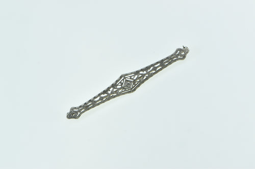 14K Art Deco Diamond Filigree Ornate Bar Pin/Brooch White Gold