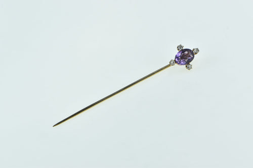 14K Oval Amethyst Diamond Accent Halo Ornate Stick Pin Yellow Gold