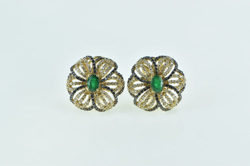 14K 3.07 Ctw Emerald Black White Diamond Flower Earrings Yellow Gold