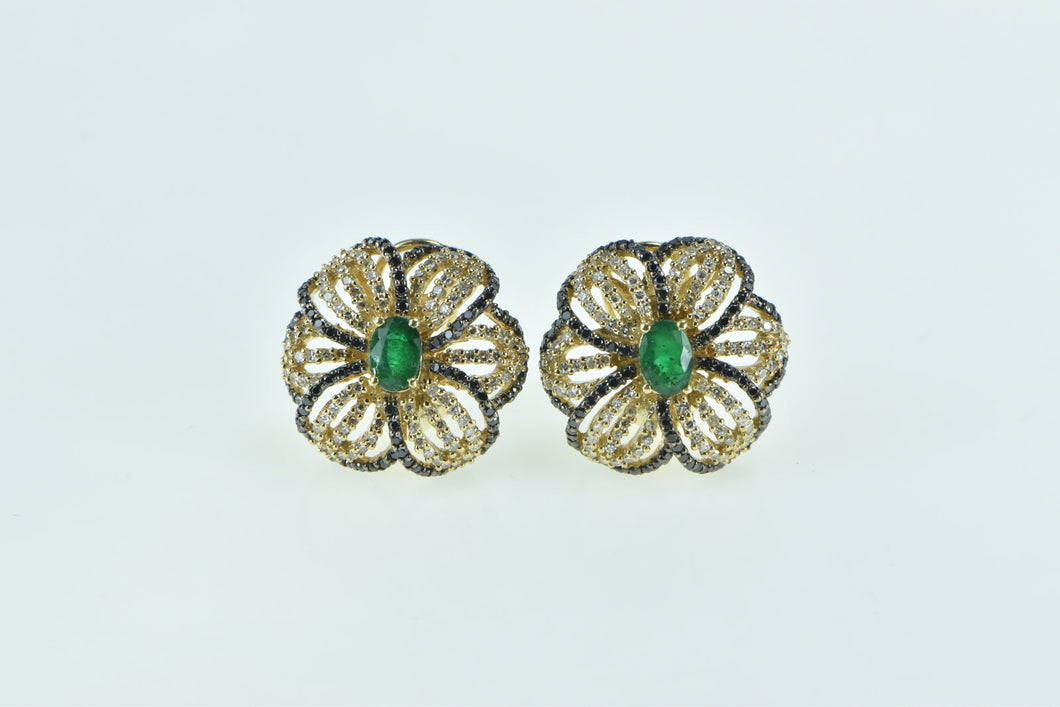 14K 3.07 Ctw Emerald Black White Diamond Flower Earrings Yellow Gold