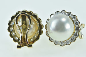 18K Pearl 2.56 Ctw Diamond Halo Ornate French Clip Earrings Yellow Gold