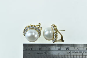 18K Pearl 2.56 Ctw Diamond Halo Ornate French Clip Earrings Yellow Gold