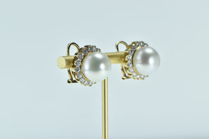 18K Pearl 2.56 Ctw Diamond Halo Ornate French Clip Earrings Yellow Gold