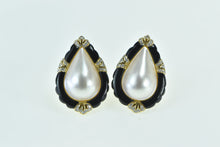 Load image into Gallery viewer, 18K Ornate Pear Pearl Black Onyx Diamond Accented Earrings Yellow Gold