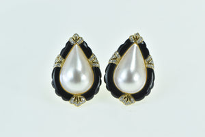 18K Ornate Pear Pearl Black Onyx Diamond Accented Earrings Yellow Gold