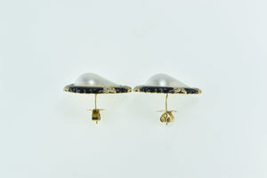 18K Ornate Pear Pearl Black Onyx Diamond Accented Earrings Yellow Gold