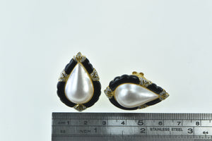 18K Ornate Pear Pearl Black Onyx Diamond Accented Earrings Yellow Gold