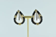 Load image into Gallery viewer, 18K Ornate Pear Pearl Black Onyx Diamond Accented Earrings Yellow Gold