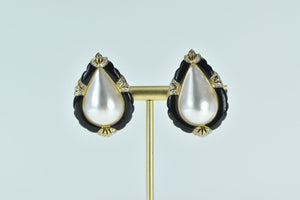 18K Ornate Pear Pearl Black Onyx Diamond Accented Earrings Yellow Gold