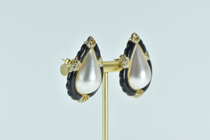 18K Ornate Pear Pearl Black Onyx Diamond Accented Earrings Yellow Gold