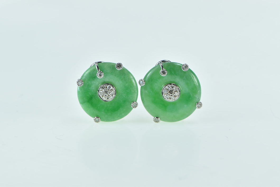 18K Vintage Jade Bi Diamond Cluster Clip Back Earrings White Gold