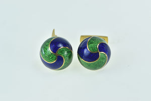 18K 1960's Blue Green Enamel Swirl Domed Men's Cuff Links Yellow Gold