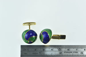 18K 1960's Blue Green Enamel Swirl Domed Men's Cuff Links Yellow Gold