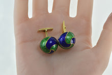 Load image into Gallery viewer, 18K 1960&#39;s Blue Green Enamel Swirl Domed Men&#39;s Cuff Links Yellow Gold