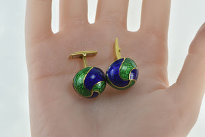 18K 1960's Blue Green Enamel Swirl Domed Men's Cuff Links Yellow Gold