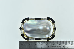 18K Ornate Pear Pearl Black Onyx Diamond Accented Pin/Brooch Yellow Gold