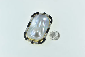 18K Ornate Pear Pearl Black Onyx Diamond Accented Pin/Brooch Yellow Gold