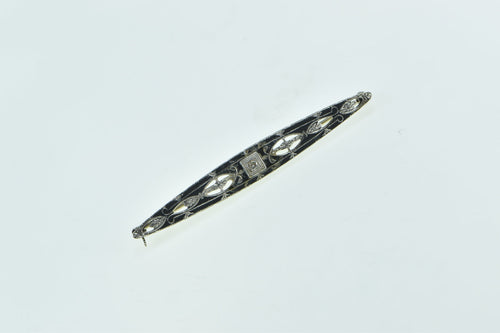 14K Art Deco Diamond Enamel Filigree Ornate Bar Pin/Brooch White Gold