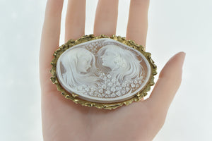 14K Elaborate Huge Carved Shell Cameo Floral Ladies Pin/Brooch Yellow Gold