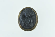 Load image into Gallery viewer, 14K Victorian Carved Black Jet Lady With Roses Pin/Brooch Yellow Gold