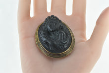 Load image into Gallery viewer, 14K Victorian Carved Black Jet Lady With Roses Pin/Brooch Yellow Gold