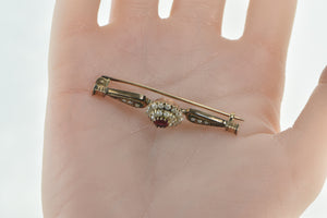 14K Victorian Ornate Garnet Seed Pearl Bar Pin/Brooch Yellow Gold