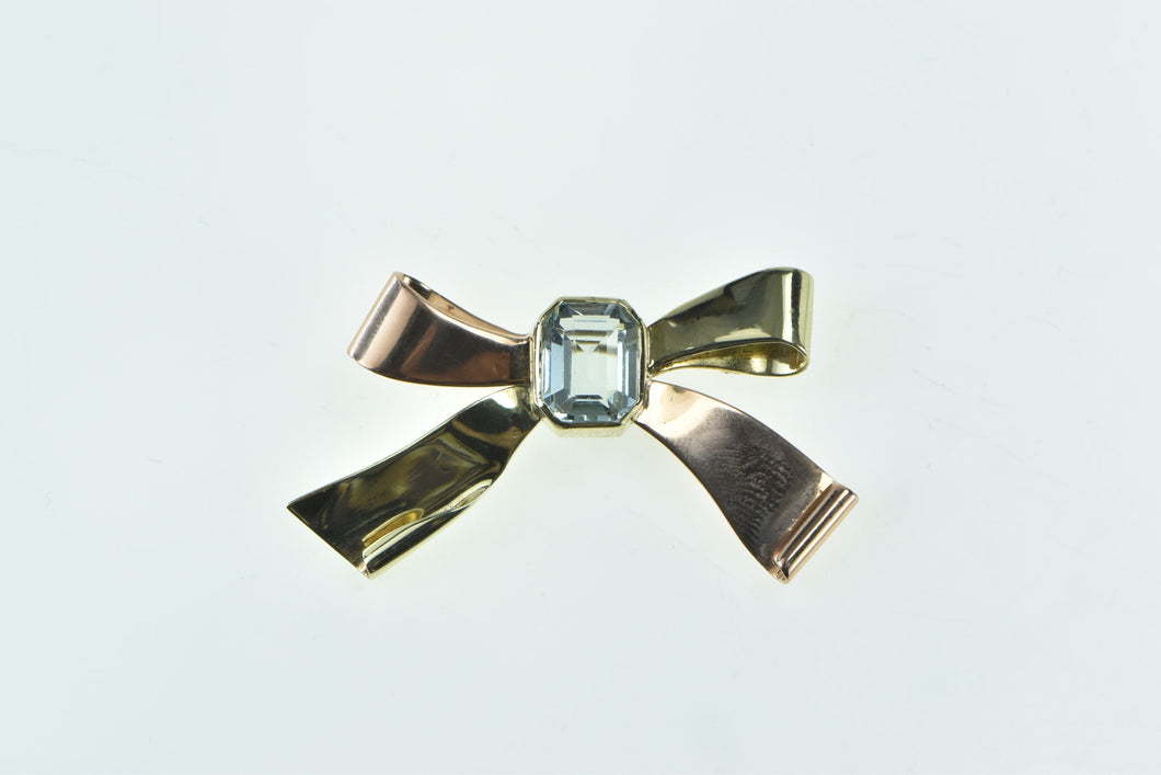 14K 2.52 Ct Emerald Cut Aquamarine Bow Ribbon Pin/Brooch Yellow Gold