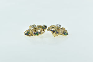 14K 0.51 Ctw Diamond Sapphire Emerald Filigree Flower Earrings Yellow Gold