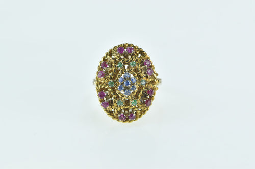 18K Retro Ruby Emerald Sapphire Domed Statement Ring Yellow Gold