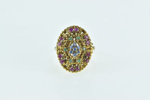 18K Retro Ruby Emerald Sapphire Domed Statement Ring Yellow Gold