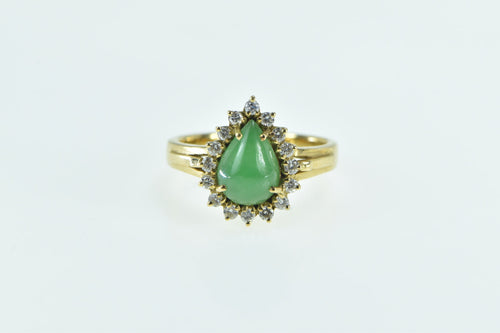 18K Vintage Pear Cut Jade Diamond Halo Engagement Ring Yellow Gold