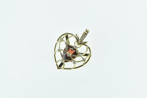 14K Vintage Pear Garnet Diamond Caged Heart Love Pendant Yellow Gold